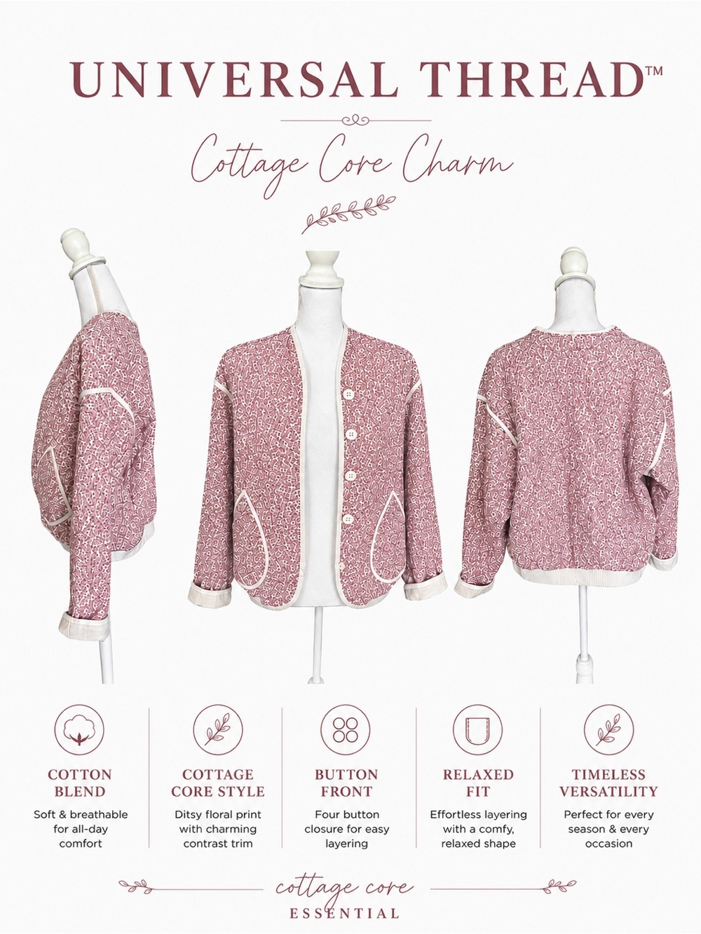 Universal Thread XXL Pink Floral Cotton Blend Button Front Cottagecore Jacket